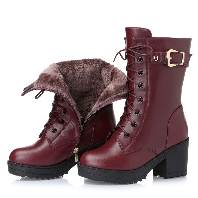 Women's black leather Martin boots with heel and side zip