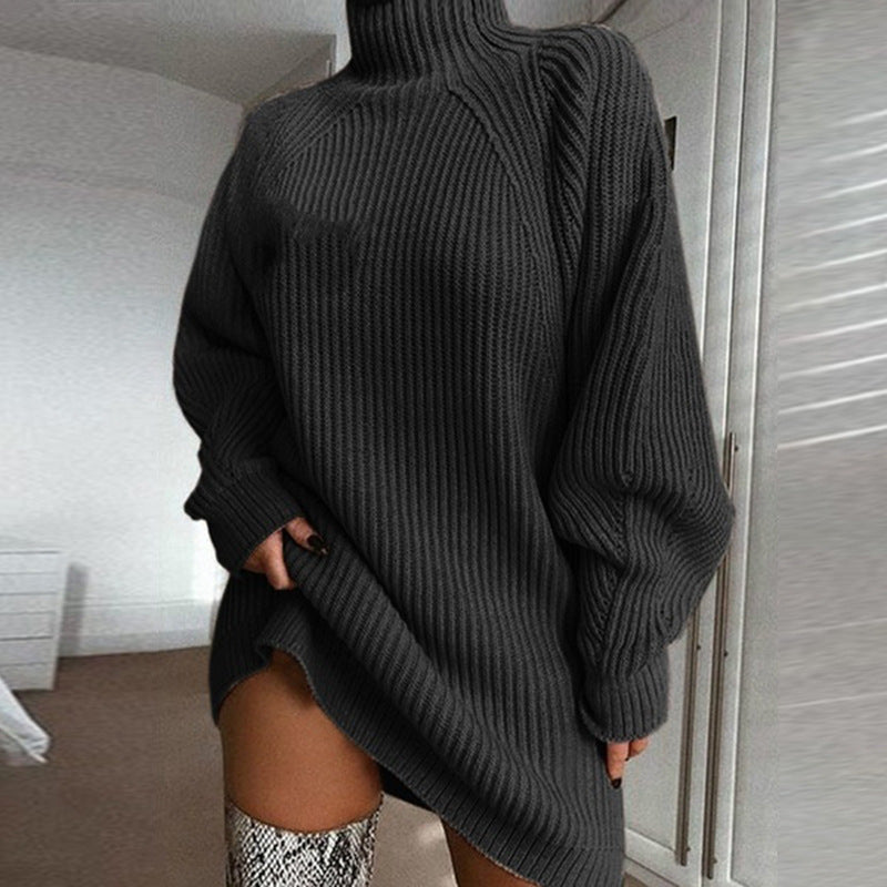 Women's solid turtleneck long sleeve sweater dress