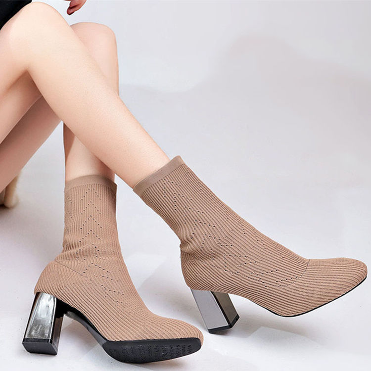Women's slip-on ankle boots with thick heel and mesh detail
