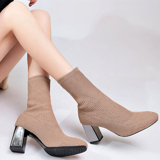 Women's slip-on ankle boots with thick heel and mesh detail