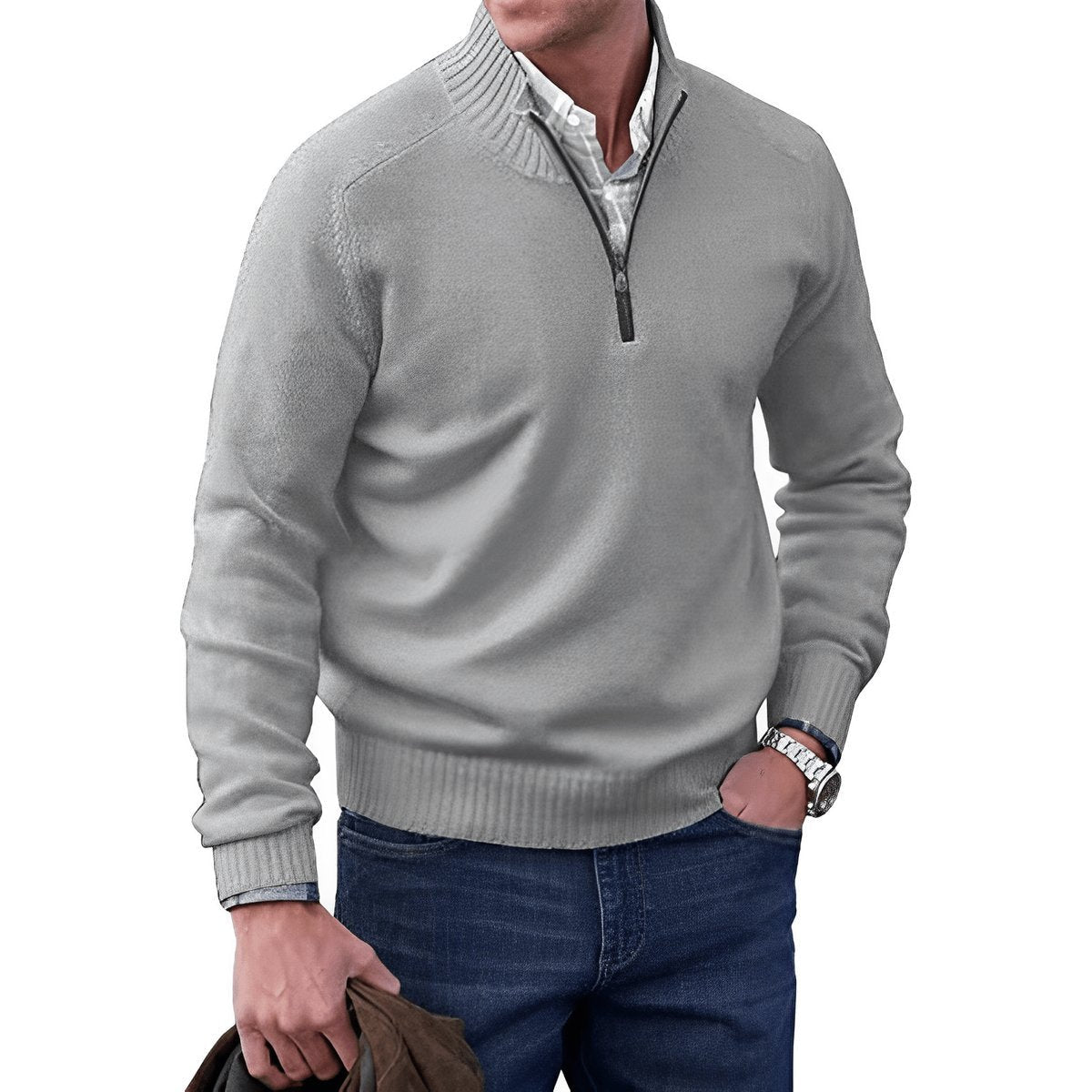 Quarter-zip knitted sweater for men - light grey