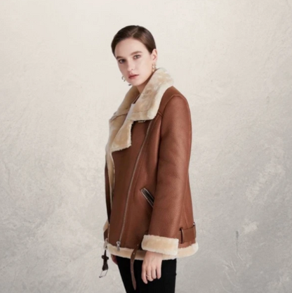 Women's motorcycle jacket with polo collar, front view