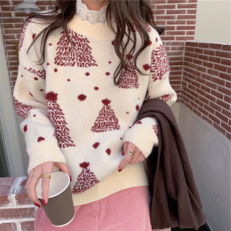 Women's Christmas tree jacquard sweater in wine red