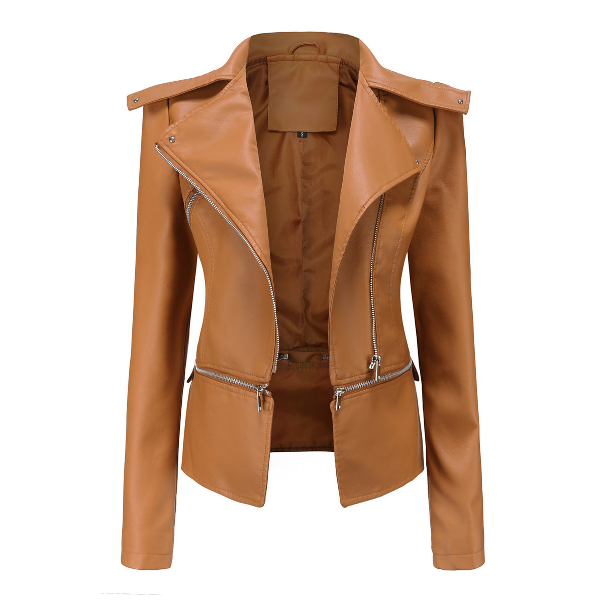 Woman wearing slim fit motorcycle faux leather jacket