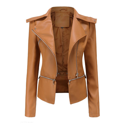 Woman wearing slim fit motorcycle faux leather jacket