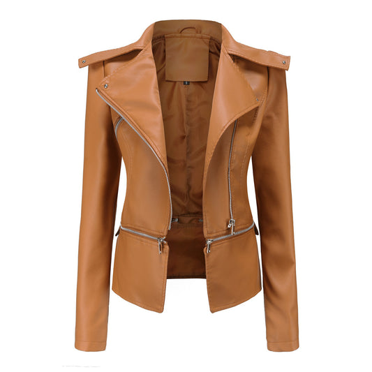 Woman wearing slim fit motorcycle faux leather jacket