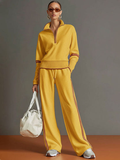 Woman wearing relaxed blouse and wide leg pants set