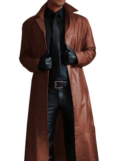 Long leather coat for men with notch lapel