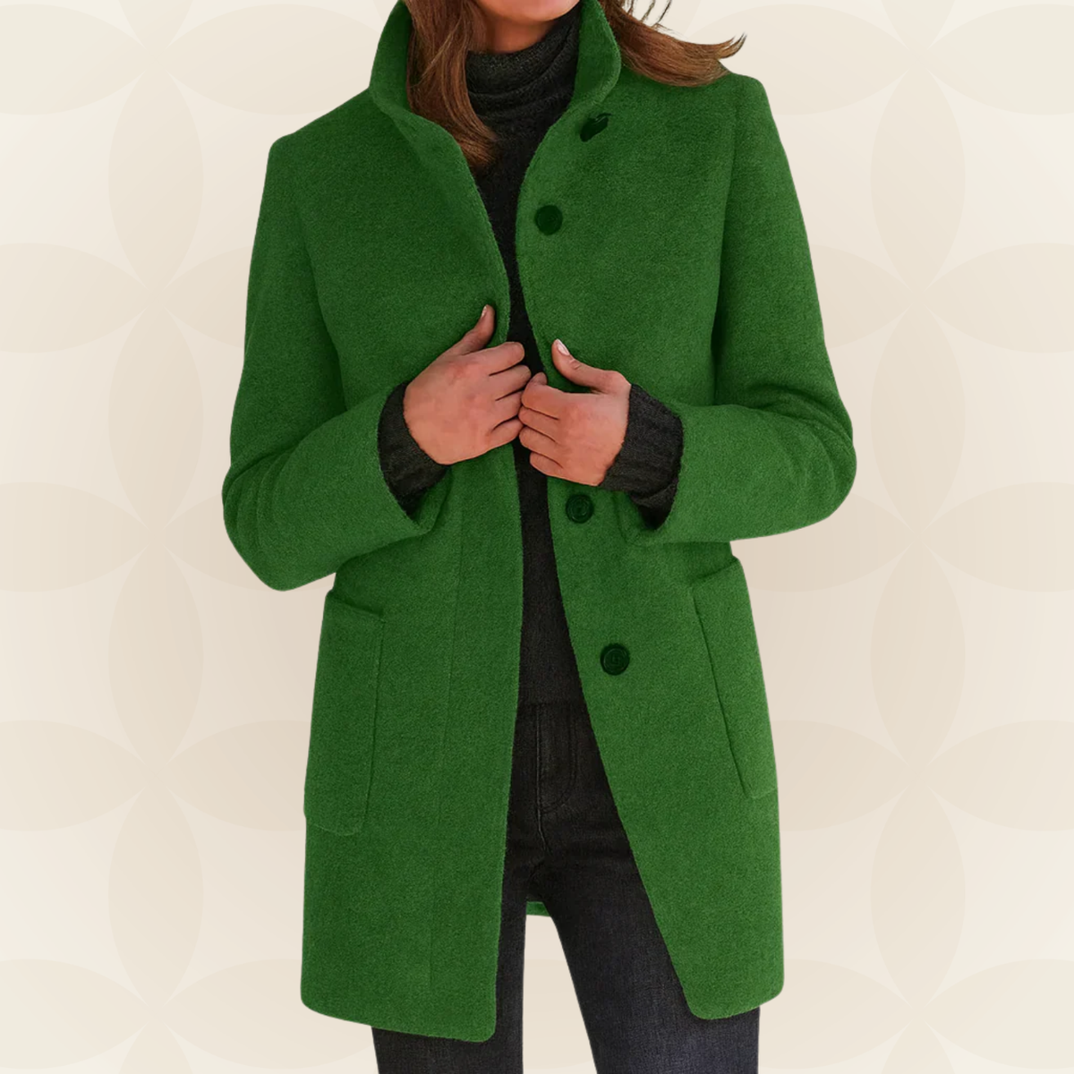 Woman wearing a straight coat with high collar and buttons