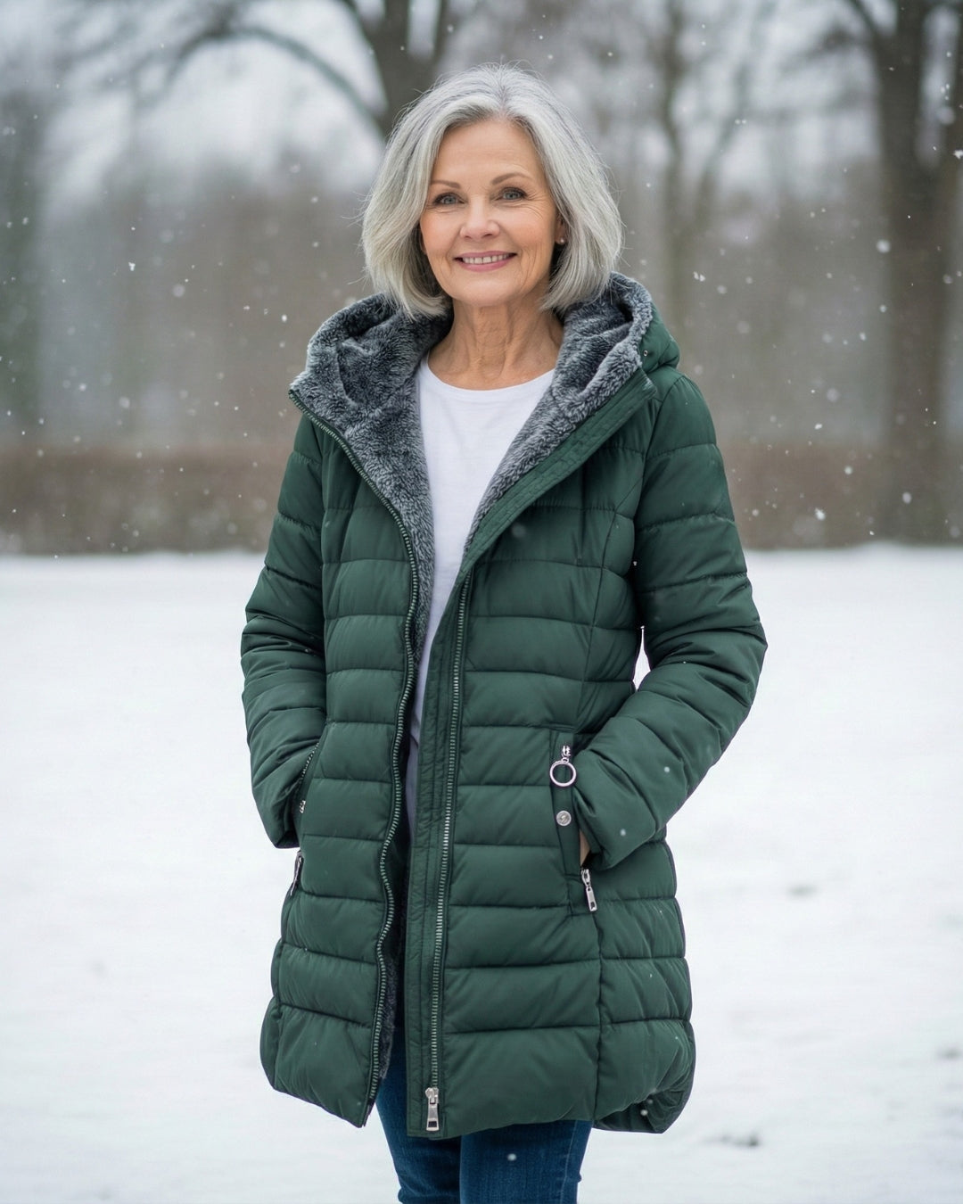 Woman wearing dark green fleece-lined A-line puffer coat