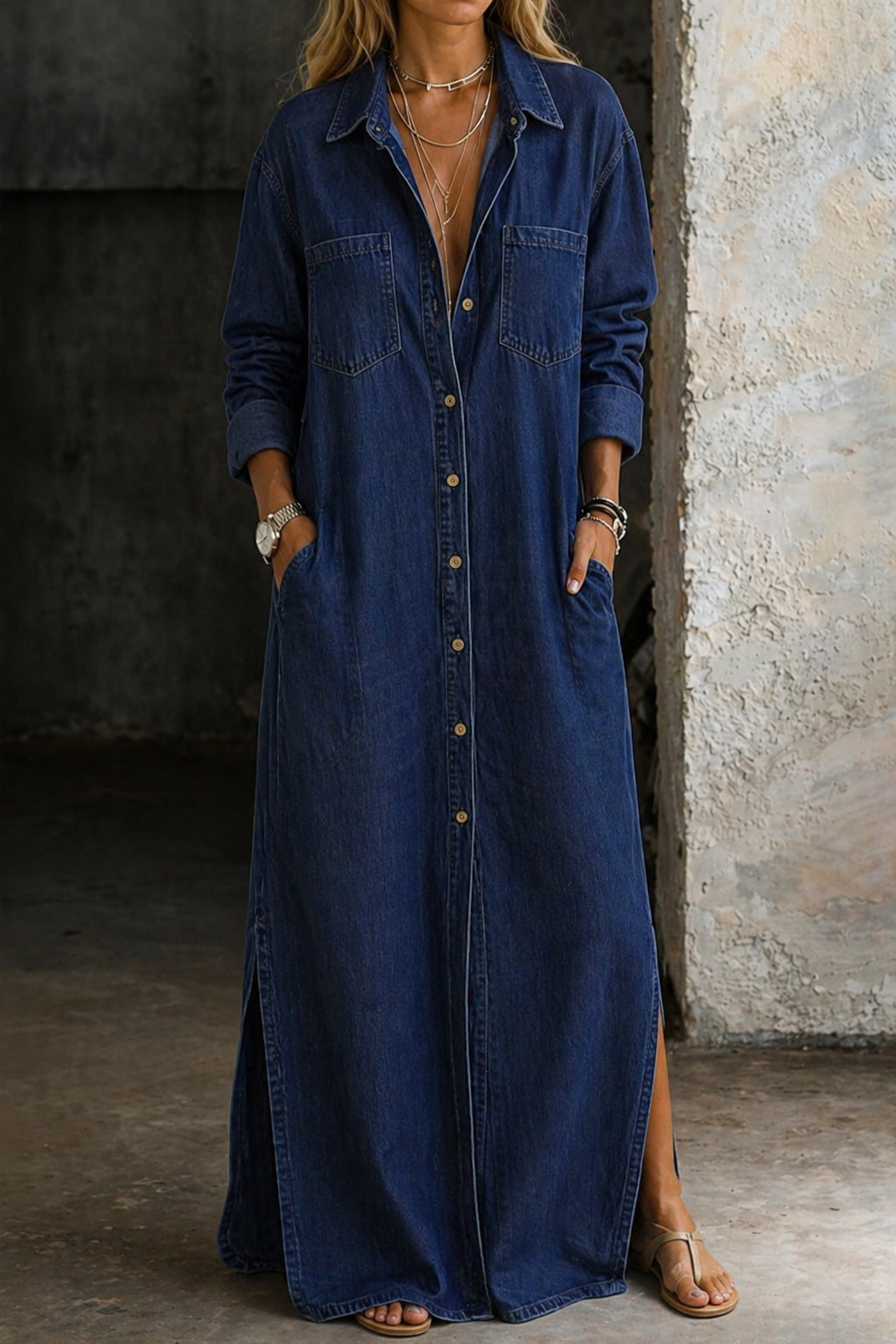 Midi dress for women with collared button-down front