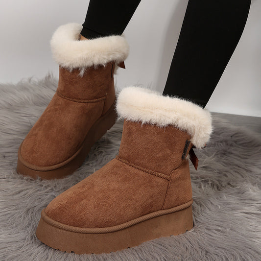Women's black bow detail mid-top snow boots with plush lining