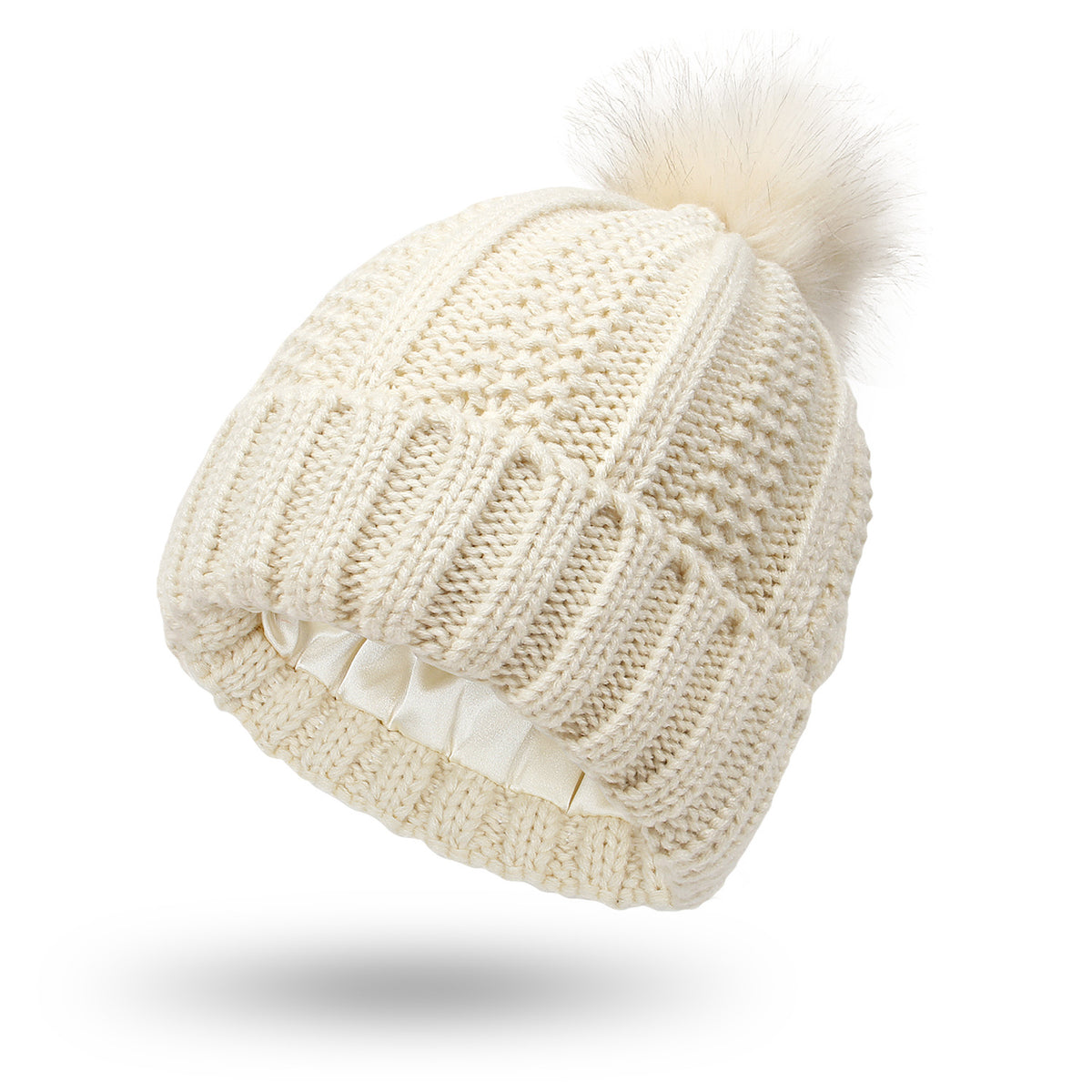 Women's knit beanie with faux fur pom pom