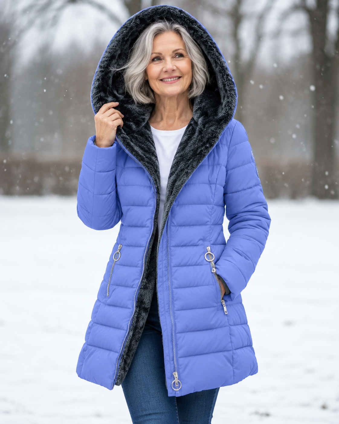 Woman wearing quilted winter coat with hood outdoors