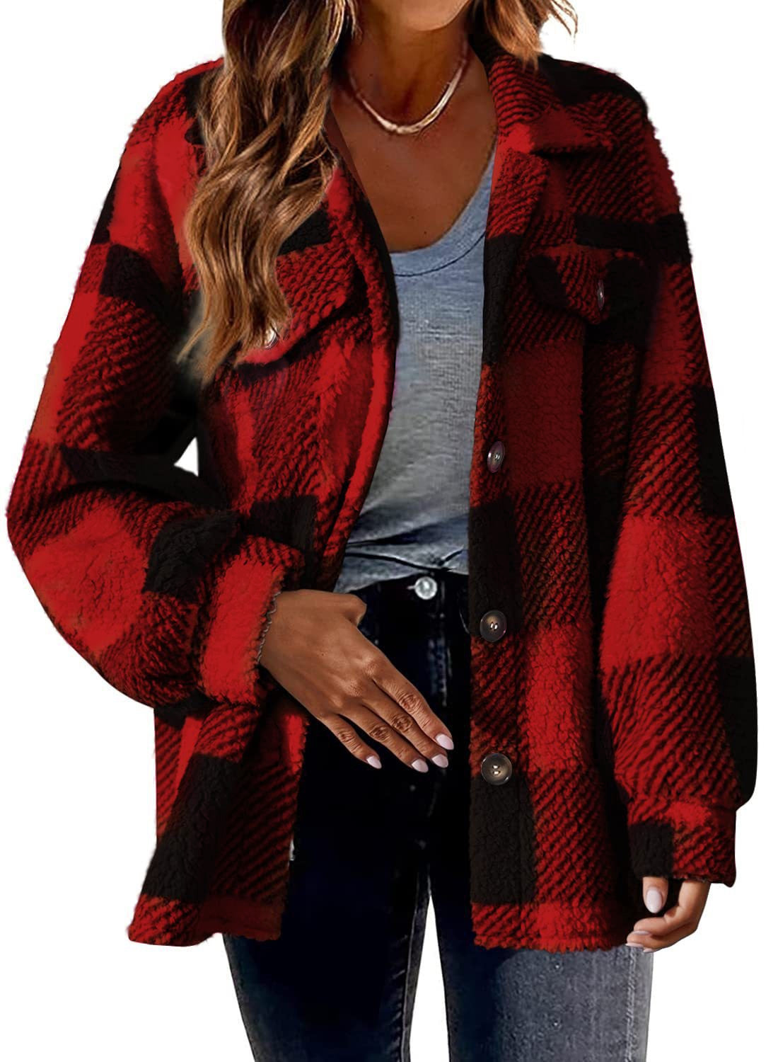 Women's plaid blazer jacket with turndown collar