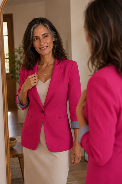 Women's lapel blazer cardigan with structured shoulders, front view