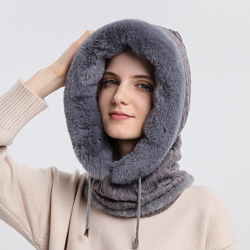 Women's hooded winter knit hat with scarf
