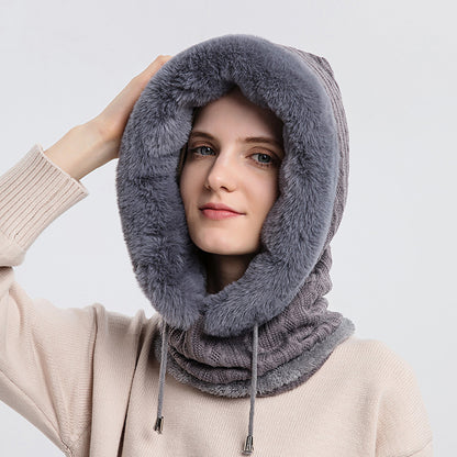 Women's hooded winter knit hat with scarf