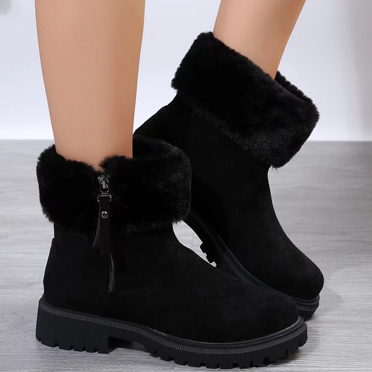 Women's beige winter boots with side zipper and plush lining