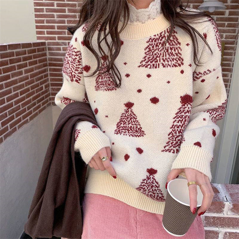 Women's Christmas tree jacquard sweater in wine red