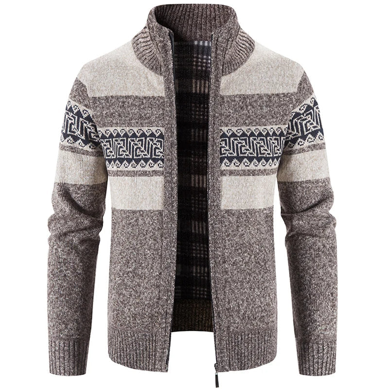 Men's patterned knit cardigan with stand collar and zip - brown