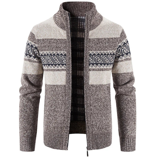 Men's patterned knit cardigan with stand collar and zip - brown
