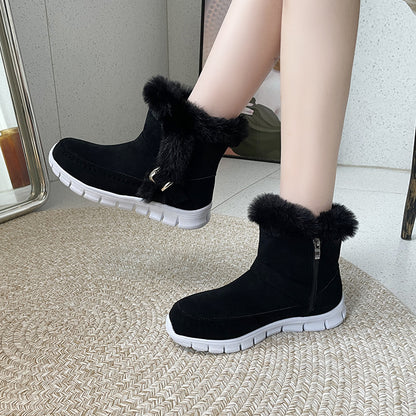Women's flat plush lined ankle boots with buckle