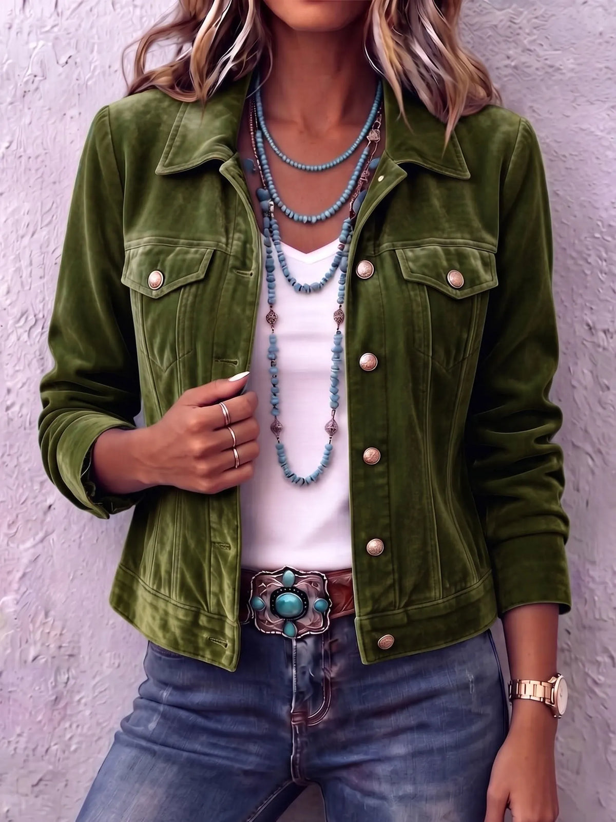 Woman wearing vintage wash button front jacket