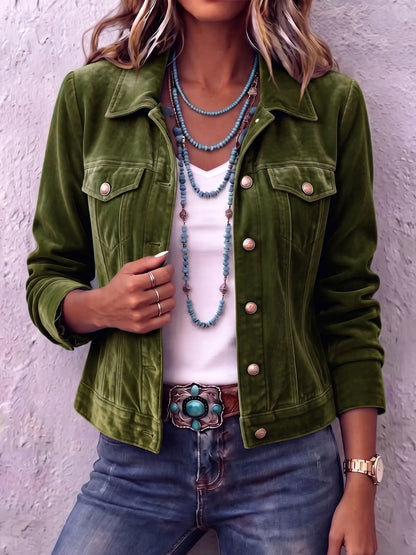 Woman wearing vintage wash button front jacket