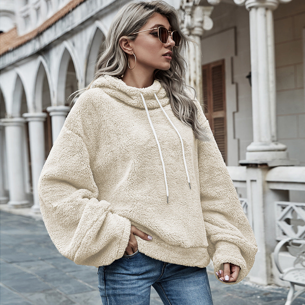 Women's apricot hooded loose fit plush sweater
