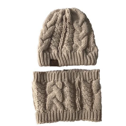 Women's knit hat and scarf set in neutral colors