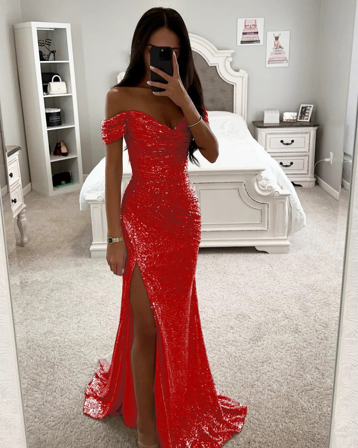 Woman in off-shoulder split party dress, solid color