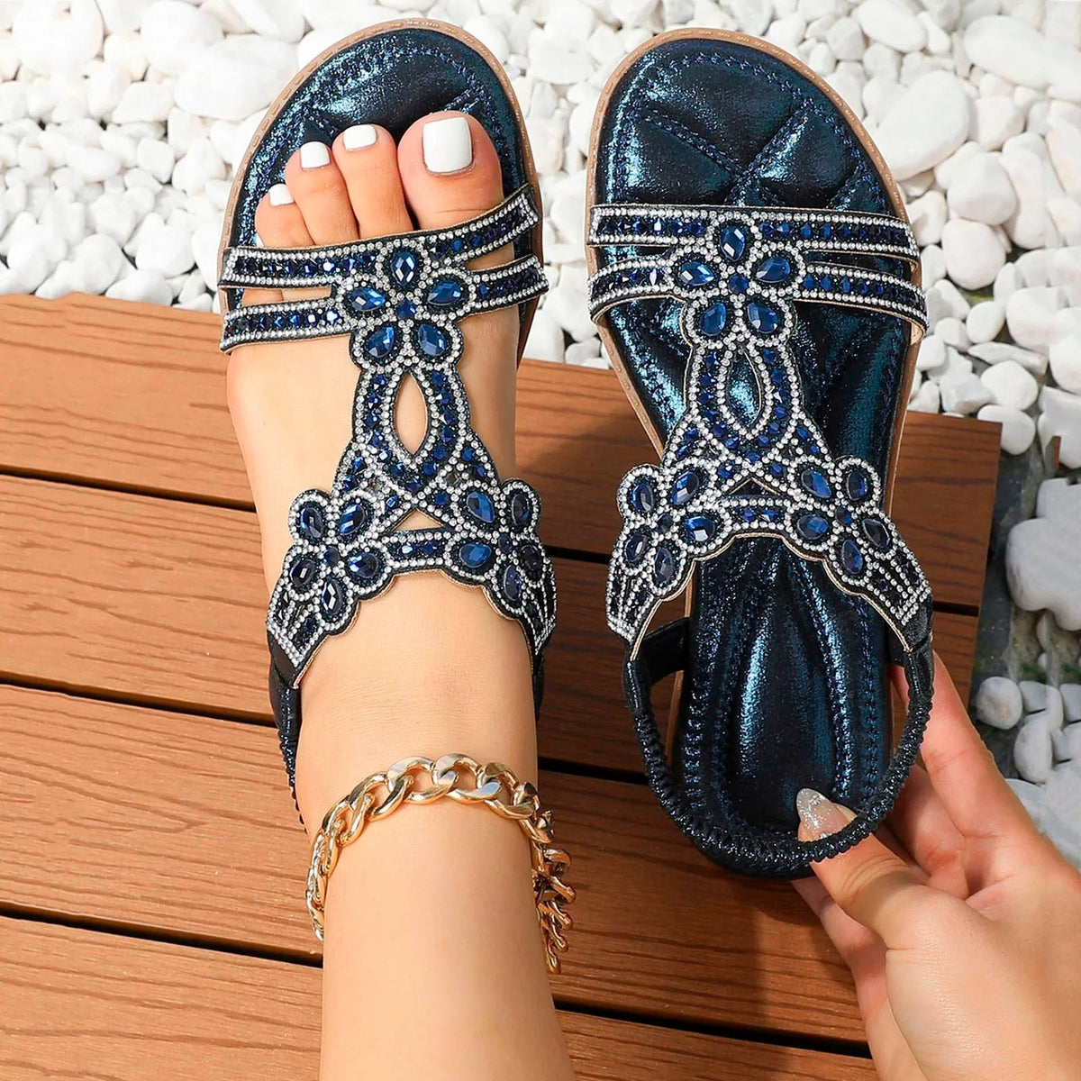 Women's boho-style orthopedic sandals with cushioned footbed - blue
