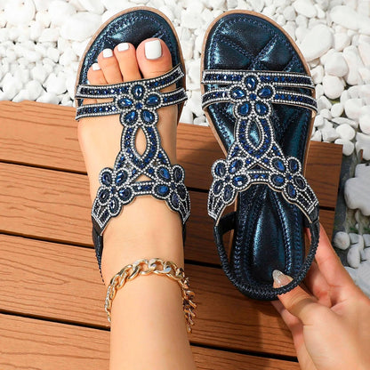 Women's boho-style orthopedic sandals with cushioned footbed - blue