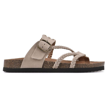 Women's braided buckle cork flat sandals - beige