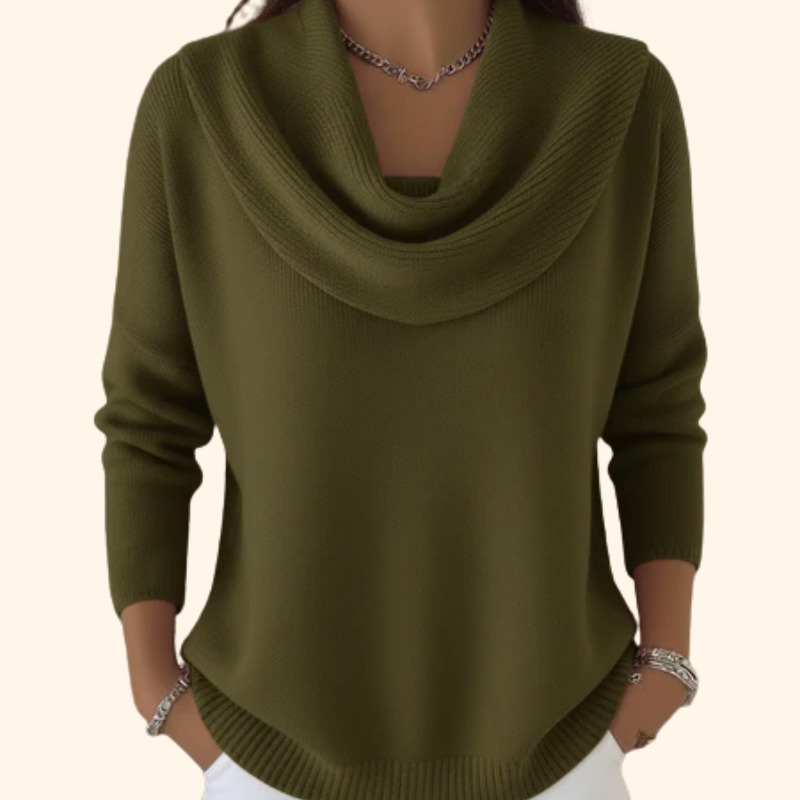 Woman wearing relaxed cowl neck knit sweater