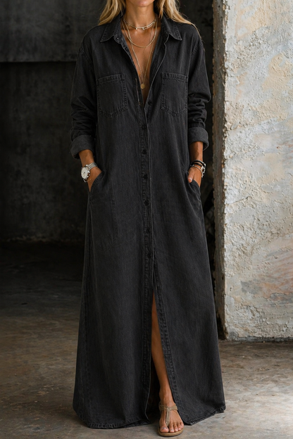 Midi dress for women with collared button-down front - black