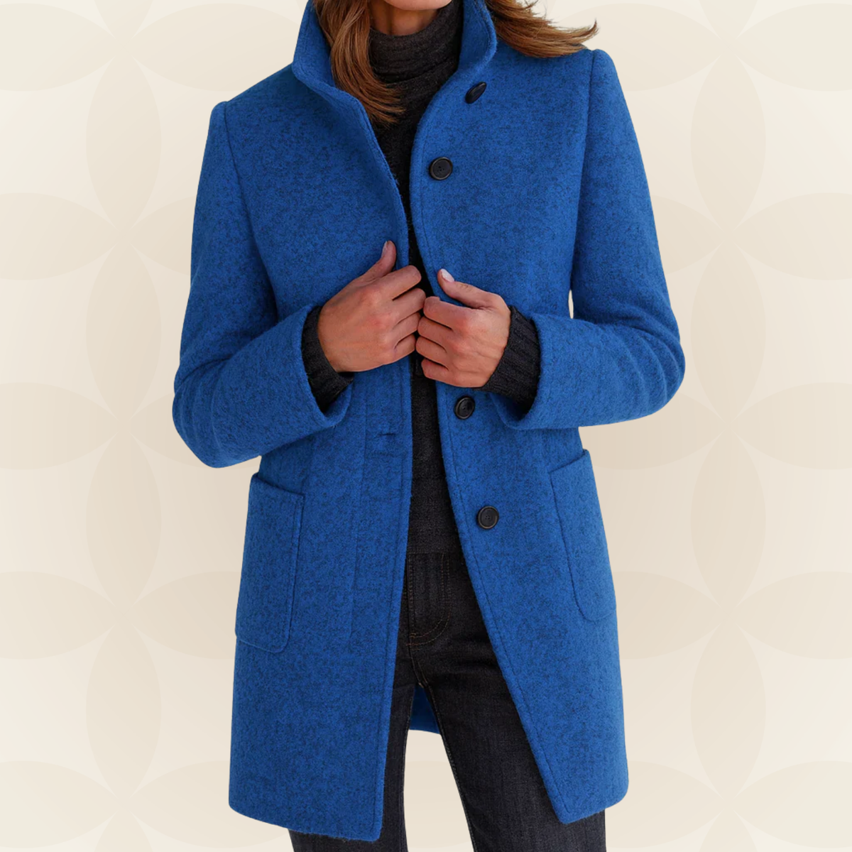 Woman wearing a straight coat with high collar and buttons