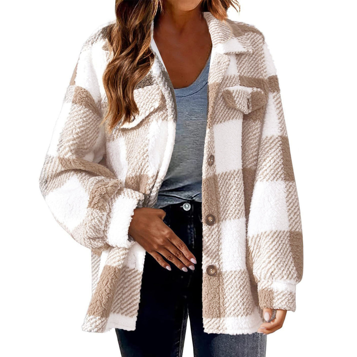 Women's plaid blazer jacket with turndown collar