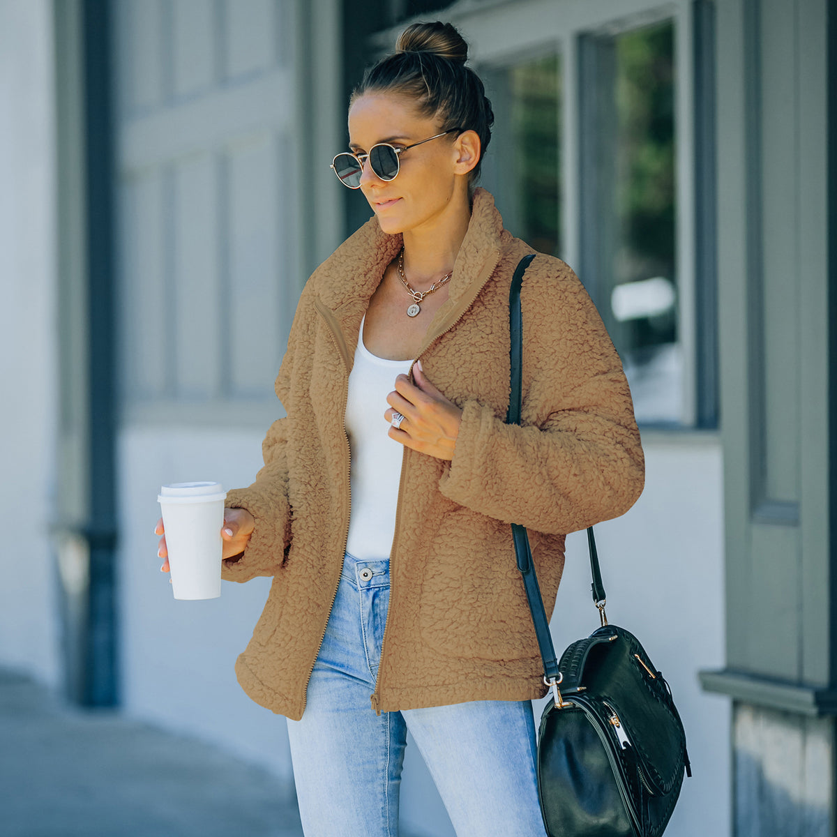 Women's plush basic jacket in army green, khaki and apricot