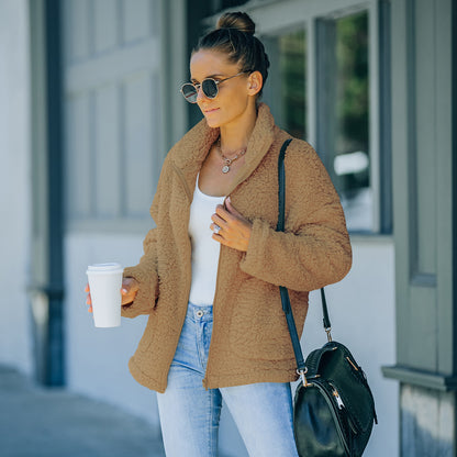 Women's plush basic jacket in army green, khaki and apricot