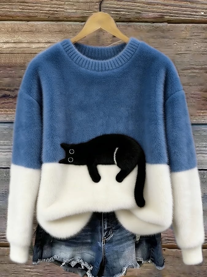Woman wearing cat design knit sweater with long sleeves
