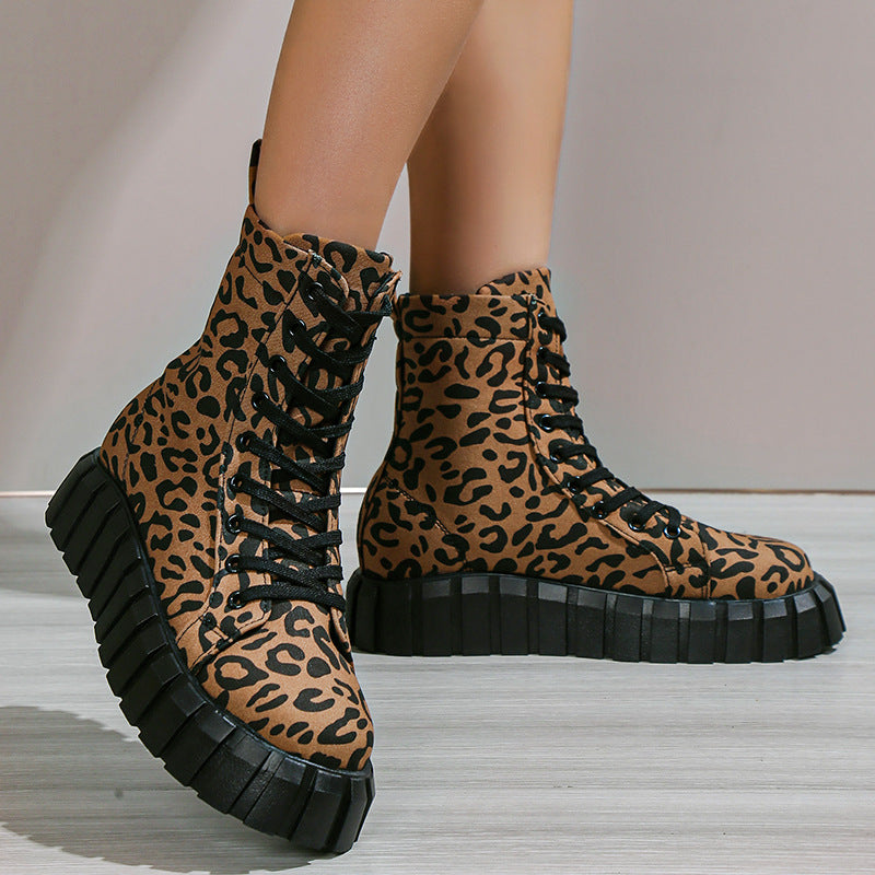 Women's leopard print platform boots with round toe
