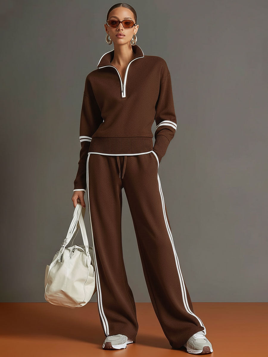 Woman wearing relaxed blouse and wide leg pants set