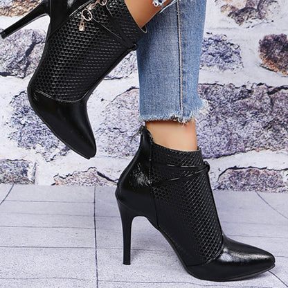 Black pointed toe stiletto ankle boots for women