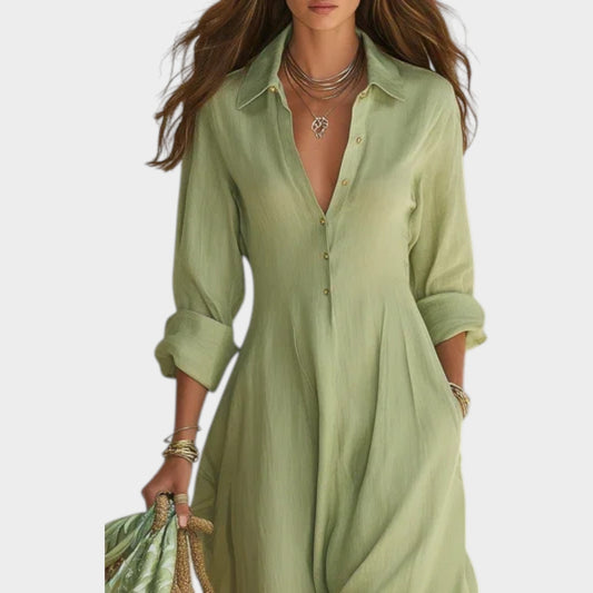 Woman wearing button front maxi dress with long sleeves