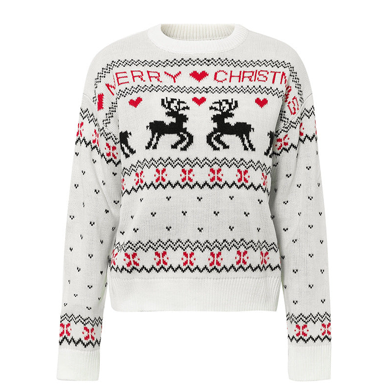 Women's white elk print Christmas knit sweater