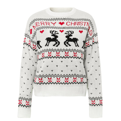 Women's white elk print Christmas knit sweater