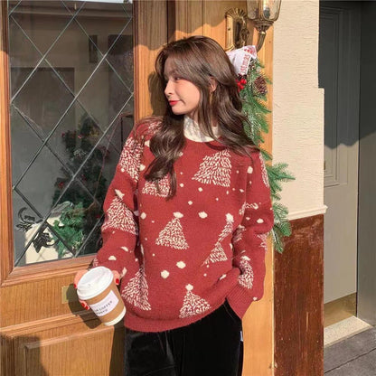 Women's Christmas tree jacquard sweater in wine red