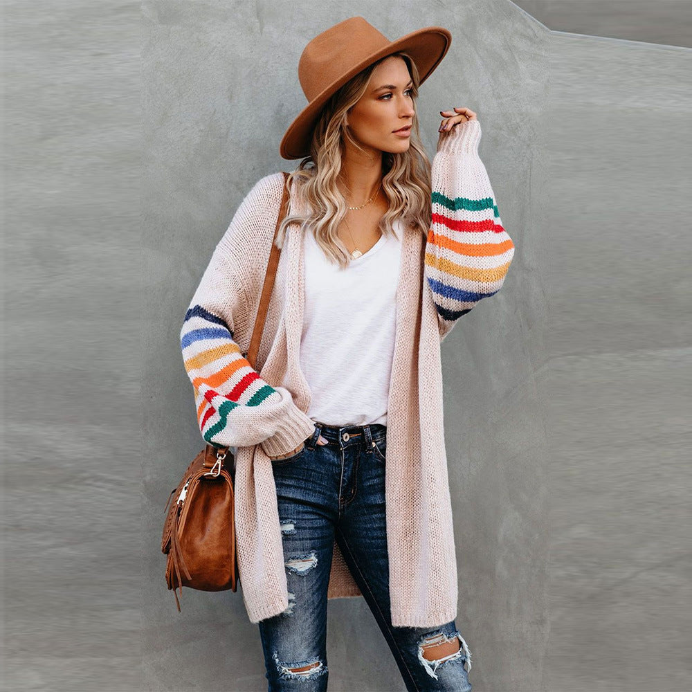 Women's cardigan sweater in white, pink and gray